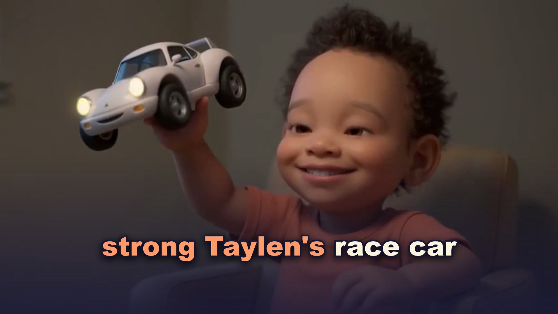 Sample frame from a custom RhymeTime nursery rhyme video, showing a Pixar-style child playing with a toy car with karaoke lyrics on screen